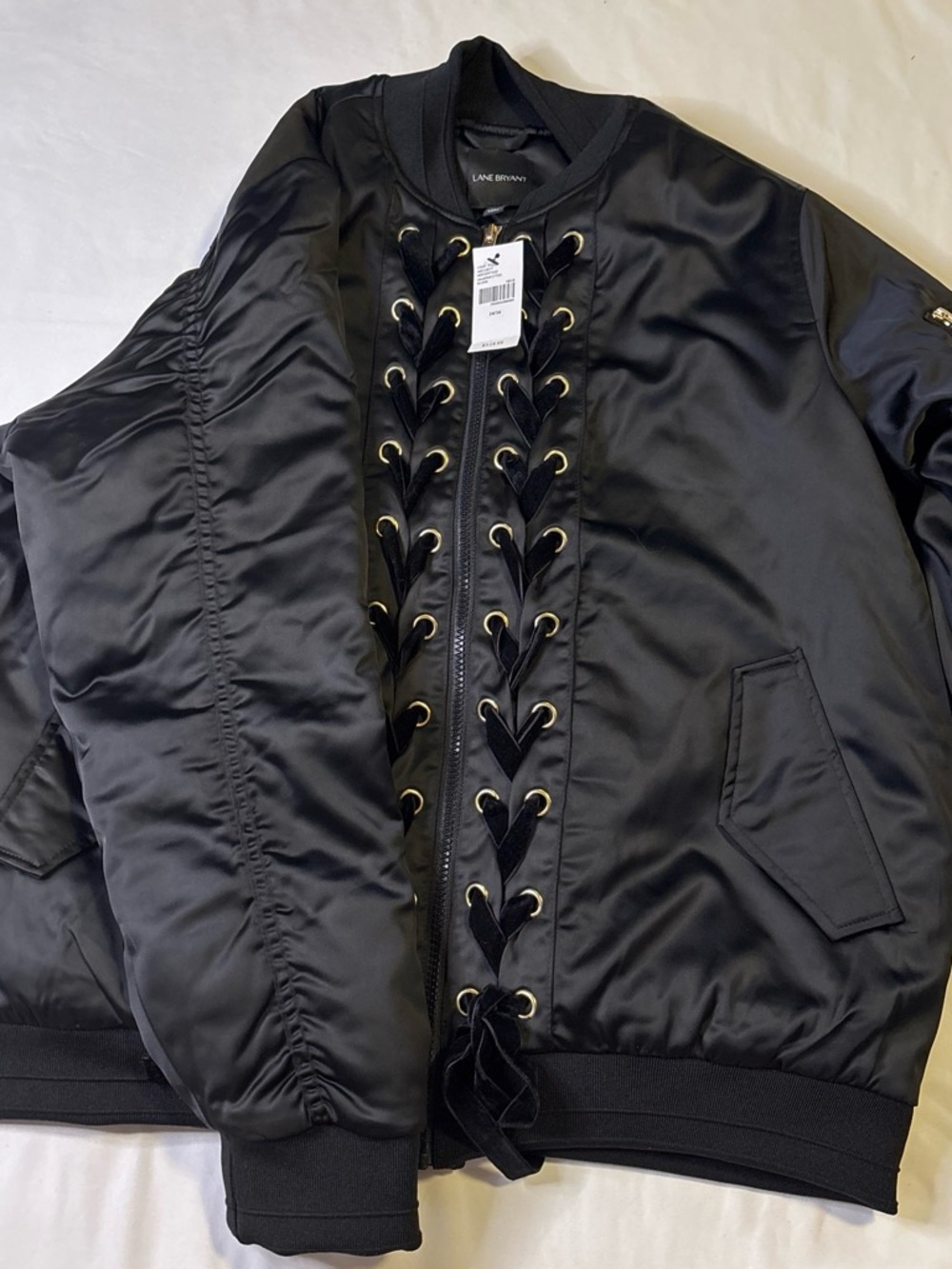 NWT Lane Bryant Black Satin Lace Up Bomber Jacket 14/16 originally $120